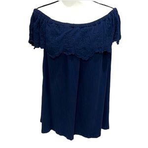 Nygard Off Shoulder Top Women's Large Navy Blue Lace Trimmed